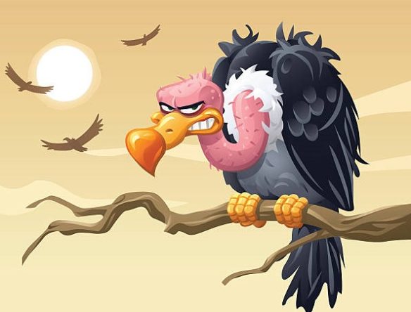 Illustration of a smirking vulture sitting on a branch looking at the camera. In the background three vultures are flying in the sky observing their surroundings for food.
